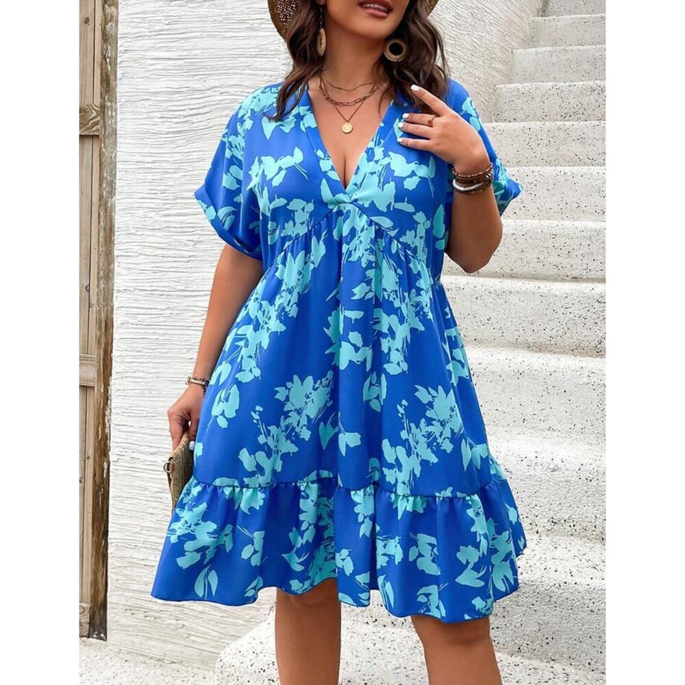 Blue Plus Size Boho Floral Print Batwing Sleeve Vacation Casual Dress Summer 3X